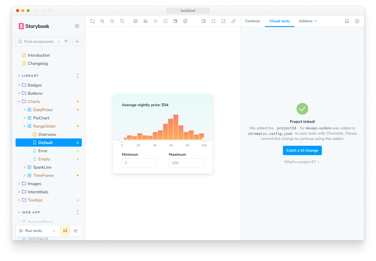 Visual test panel showing the Catch a UI change button