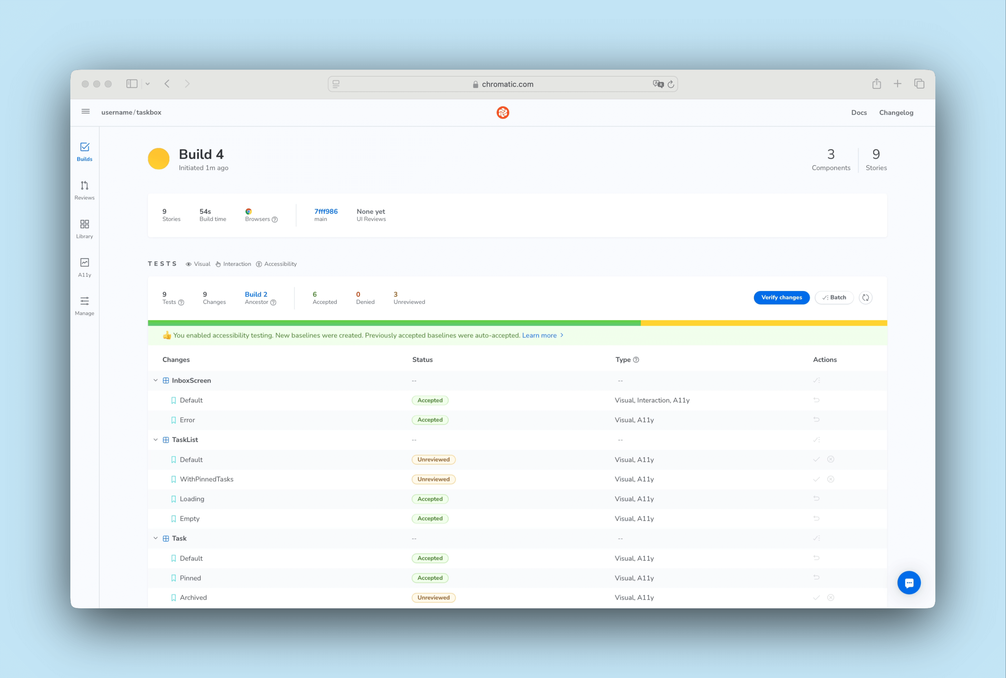 Chromatic build with accessibility tests
